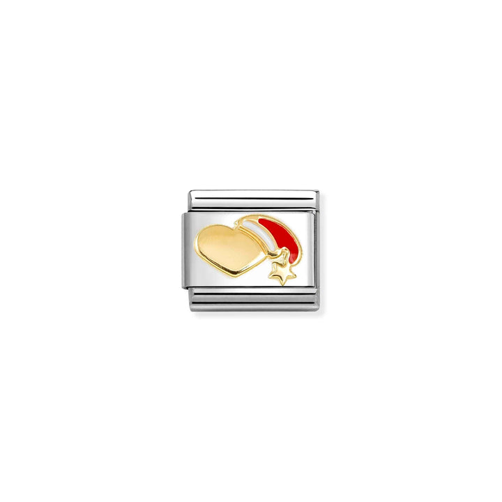 Niche Jewellery Nomination charm featuring a gold heart with a red enamel Santa hat and small star on a steel link.