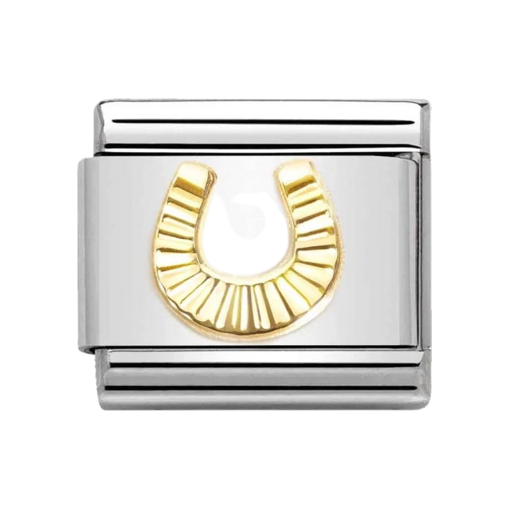 Niche Jewellery Nomination gold horseshoe charm with a sunray bezel on a stainless steel link for classic bracelets.