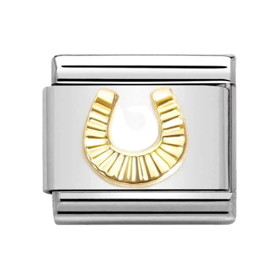 Niche Jewellery Nomination gold horseshoe charm with a sunray bezel on a stainless steel link for classic bracelets.