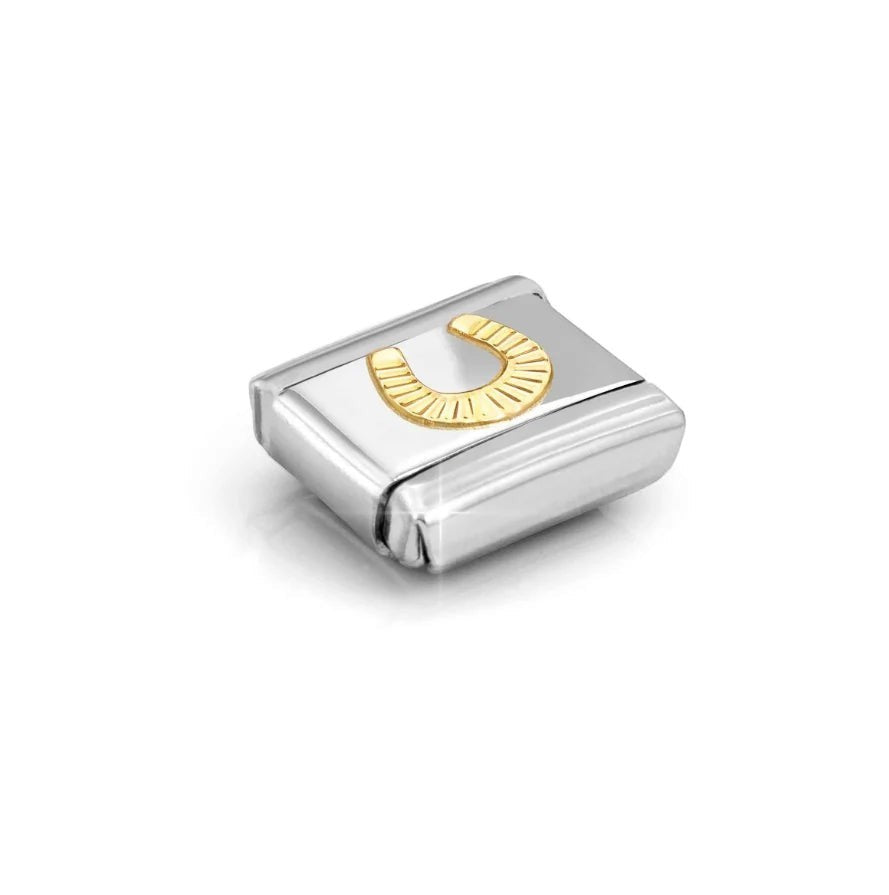 Niche Jewellery Nomination gold horseshoe charm with sunray bezel detail on a stainless steel link