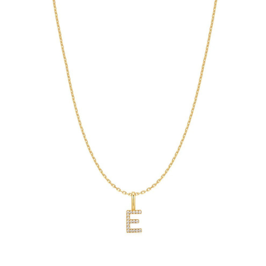 Niche Jewellery Ania Haie gold-plated initial E pendant necklace with delicate sparkling stones on a fine chain.