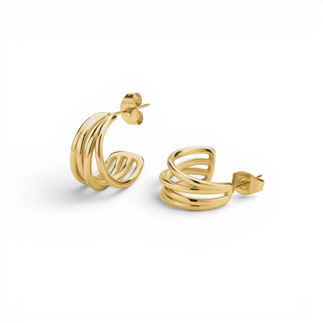 Niche Jewellery D.Louise gold intertwined mini hoop earrings in polished tarnish-free stainless steel.