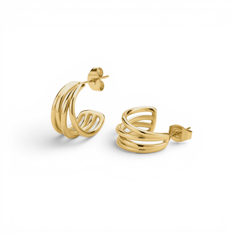 Niche Jewellery D.Louise gold intertwined mini hoop earrings in polished tarnish-free stainless steel.