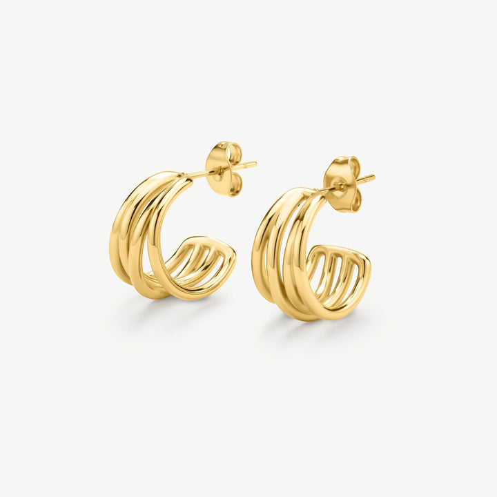 Niche Jewellery D.Louise gold intertwined mini hoop earrings in polished tarnish-free stainless steel.