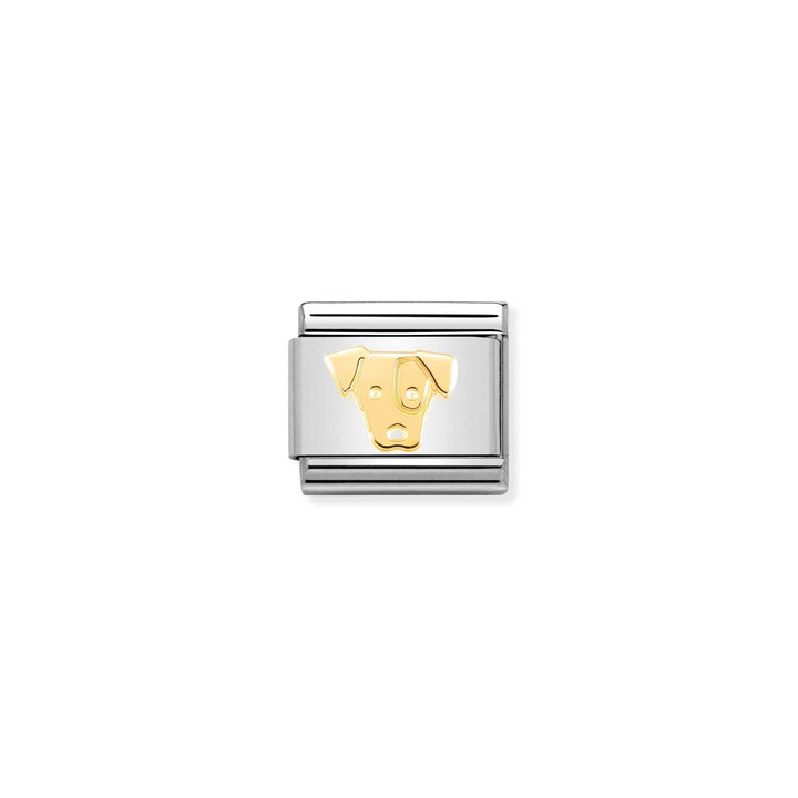 Niche Jewellery Nomination charm featuring a 18k gold Jack Russell dog head on a stainless steel link