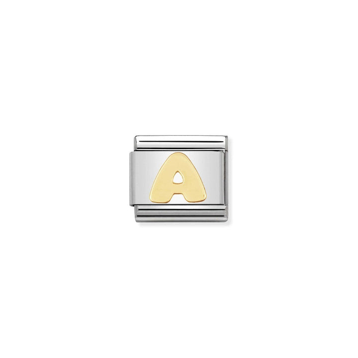 Niche Jewellery stainless steel charm with 18ct yellow gold plating, featuring the letter A.
