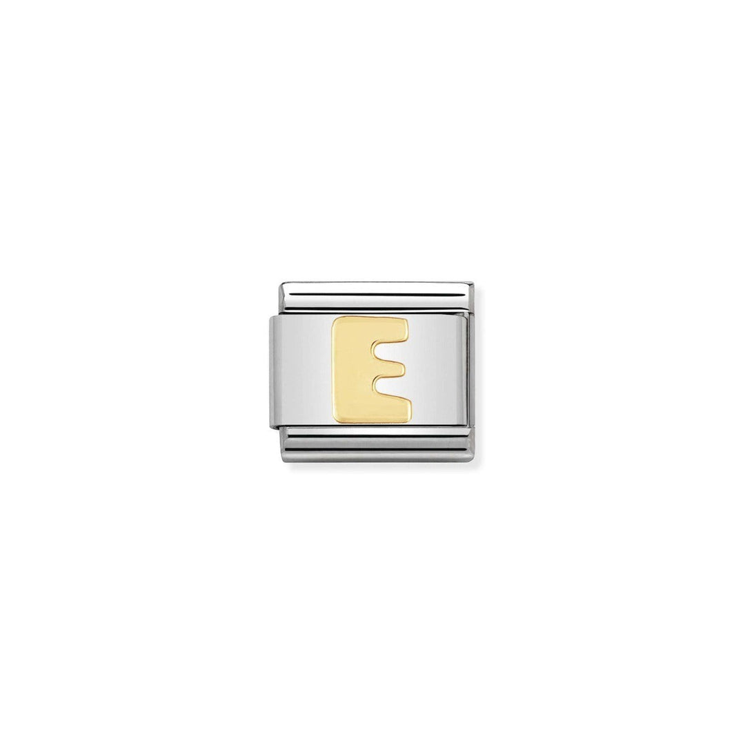 Niche Jewellery stainless steel charm with 18ct yellow gold plating, featuring the letter E.