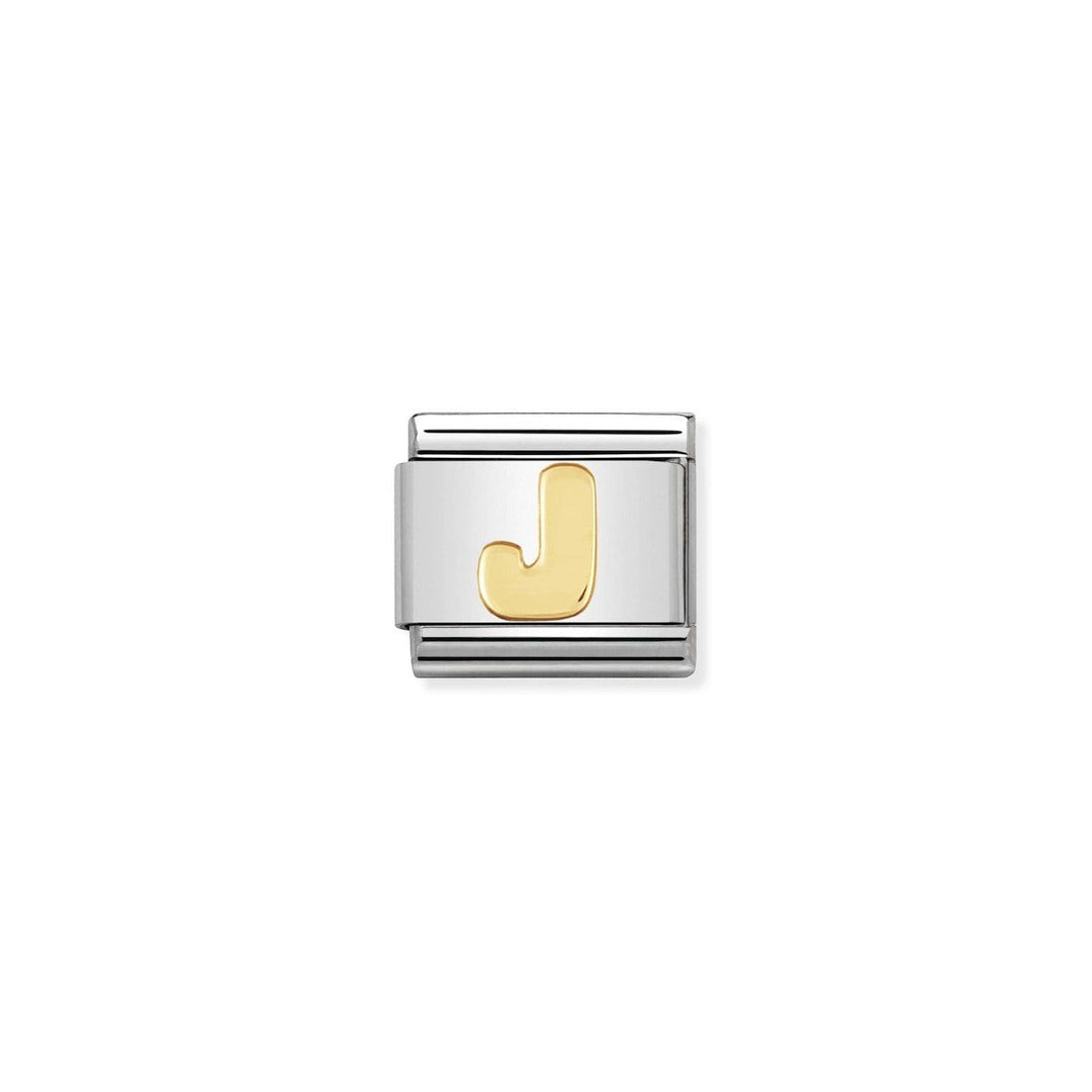 Niche Jewellery stainless steel charm with 18ct yellow gold plating, featuring the letter J. Designed for Nomination Composable bracelets.