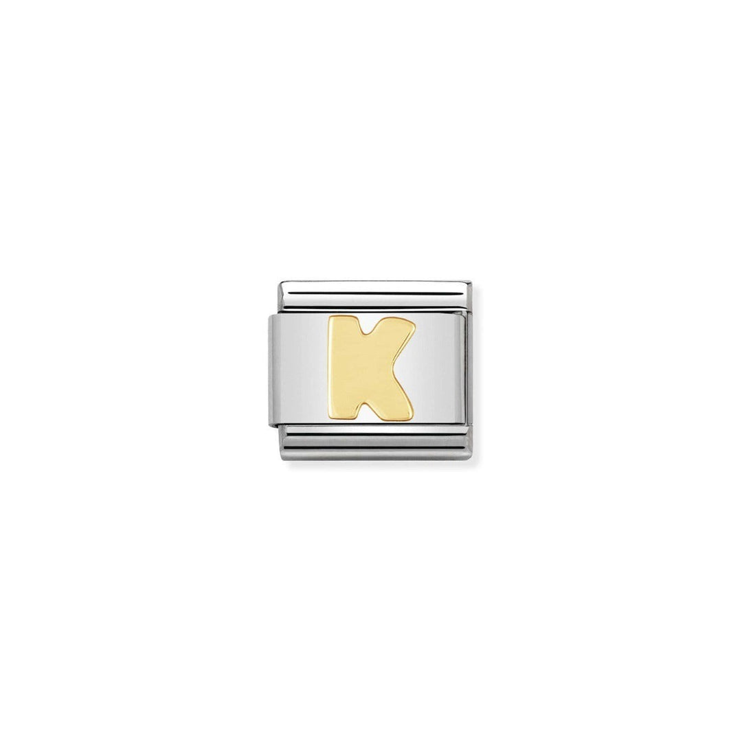 Niche Jewellery stainless steel charm with 18ct yellow gold plating, featuring the letter K.