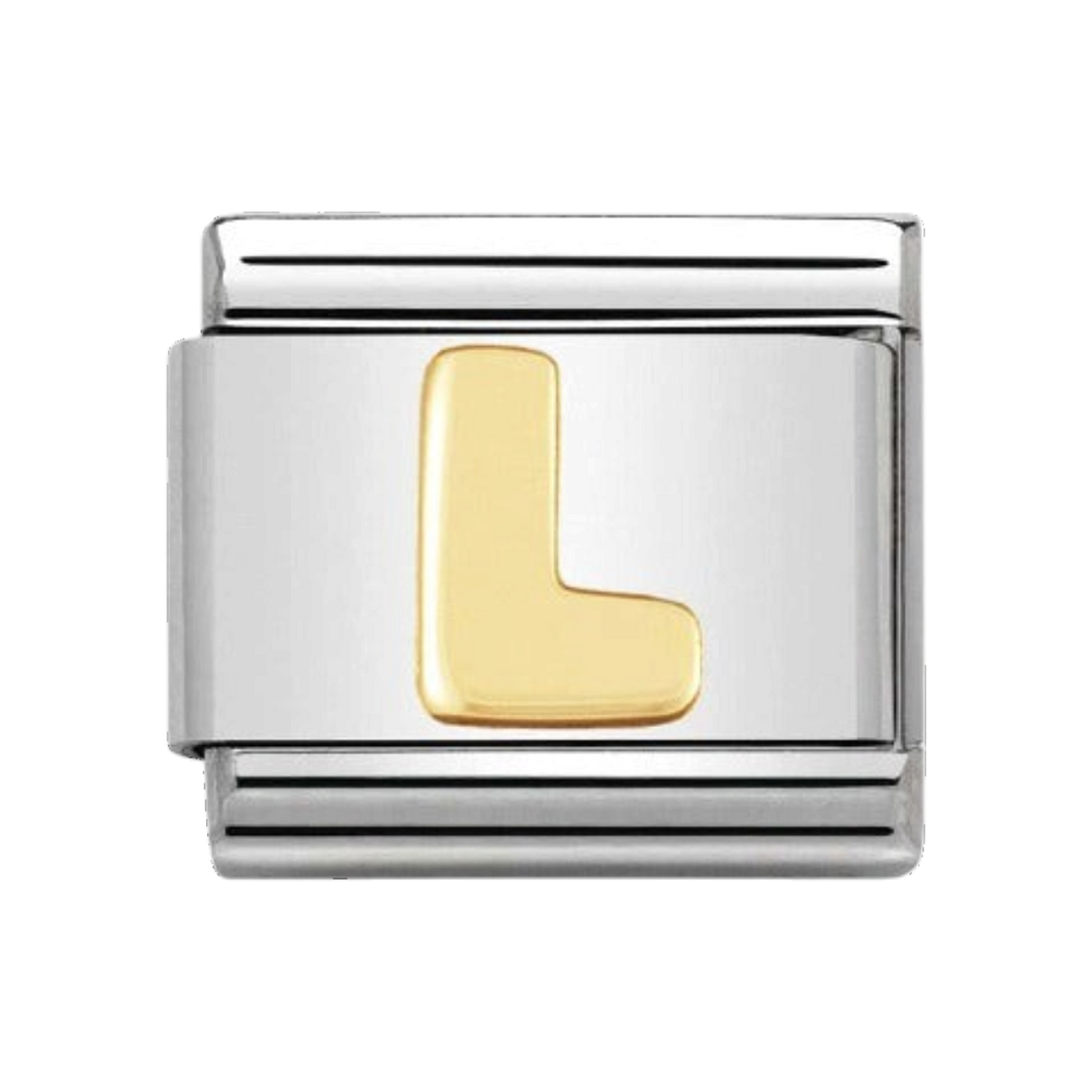 Niche Jewellery Nomination letter L charm in stainless steel with an 18k gold initial for a classic bracelet