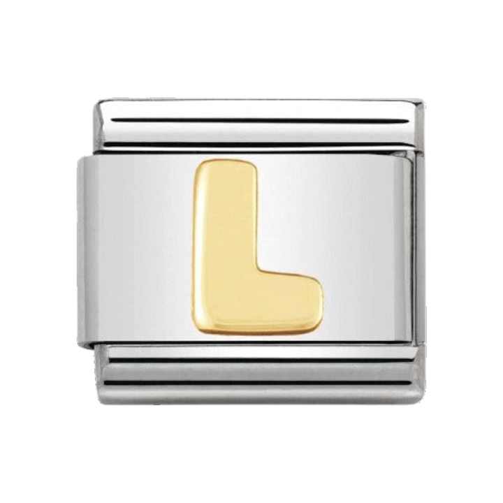 Niche Jewellery Nomination letter L charm in stainless steel with an 18k gold initial for a classic bracelet