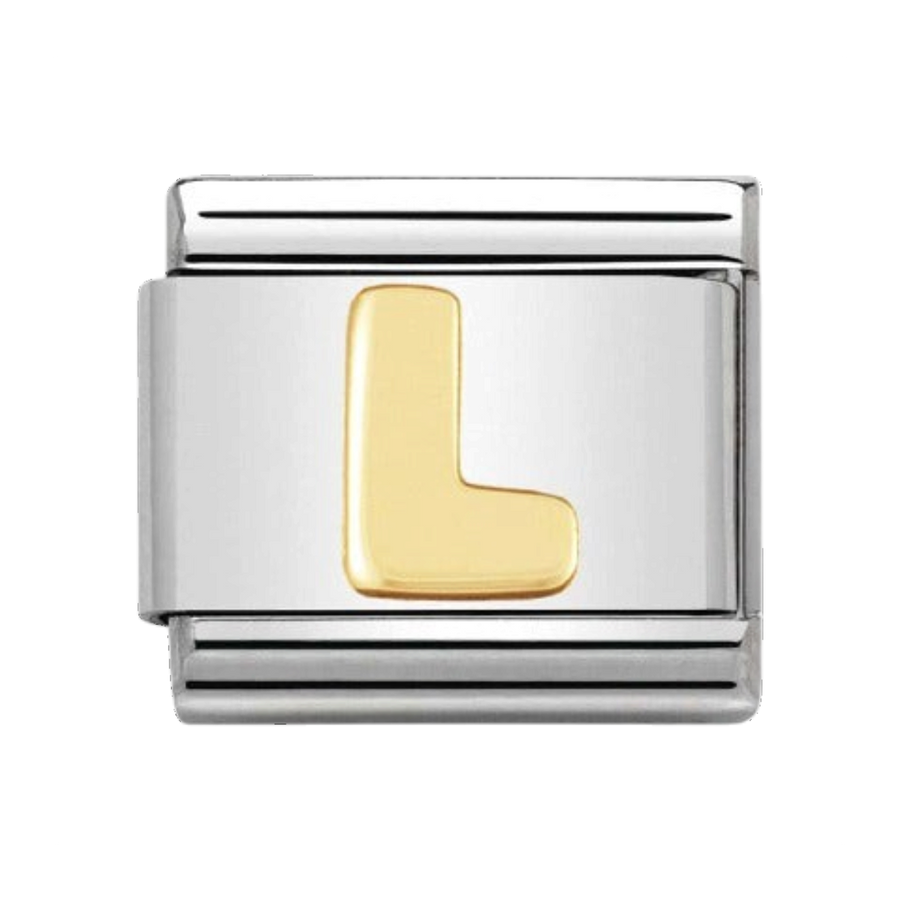 Niche Jewellery Nomination letter L charm in stainless steel with an 18k gold initial for a classic bracelet