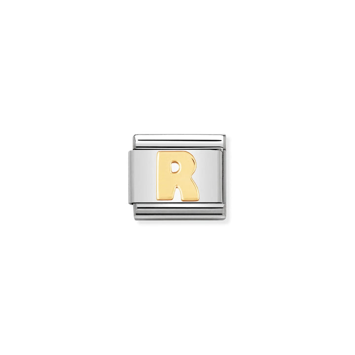 Niche Jewellery Nomination charm featuring a gold letter R on a stainless steel link for a classic bracelet.