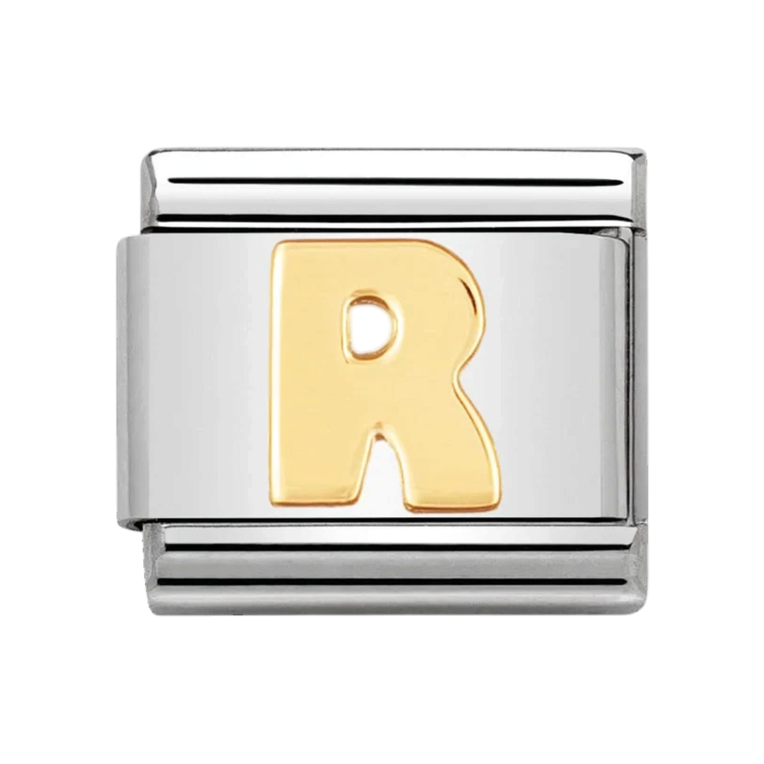 Niche Jewellery Nomination charm featuring a gold letter R on a stainless steel link for a classic bracelet.