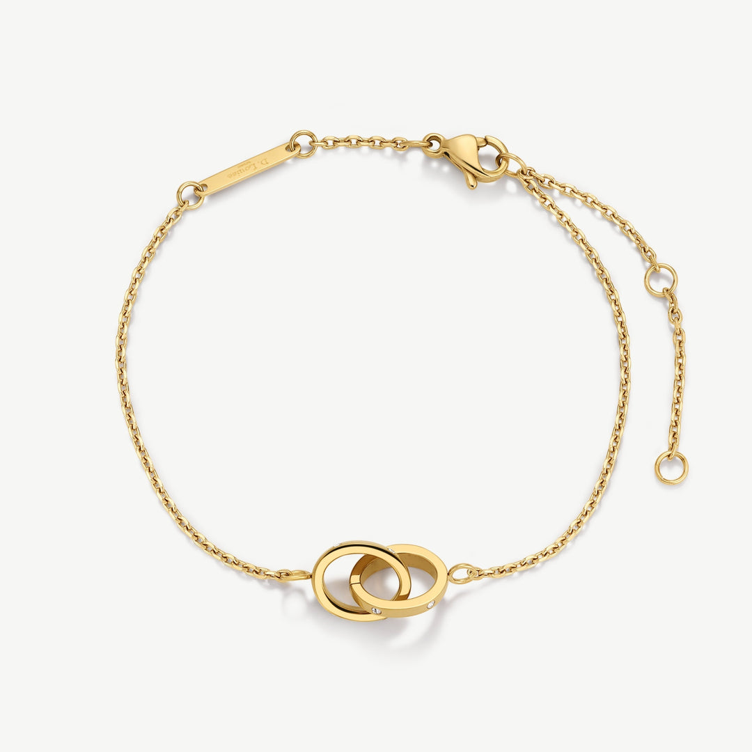 Niche Jewellery gold interlocking link bracelet with cubic zirconia details, adjustable chain.