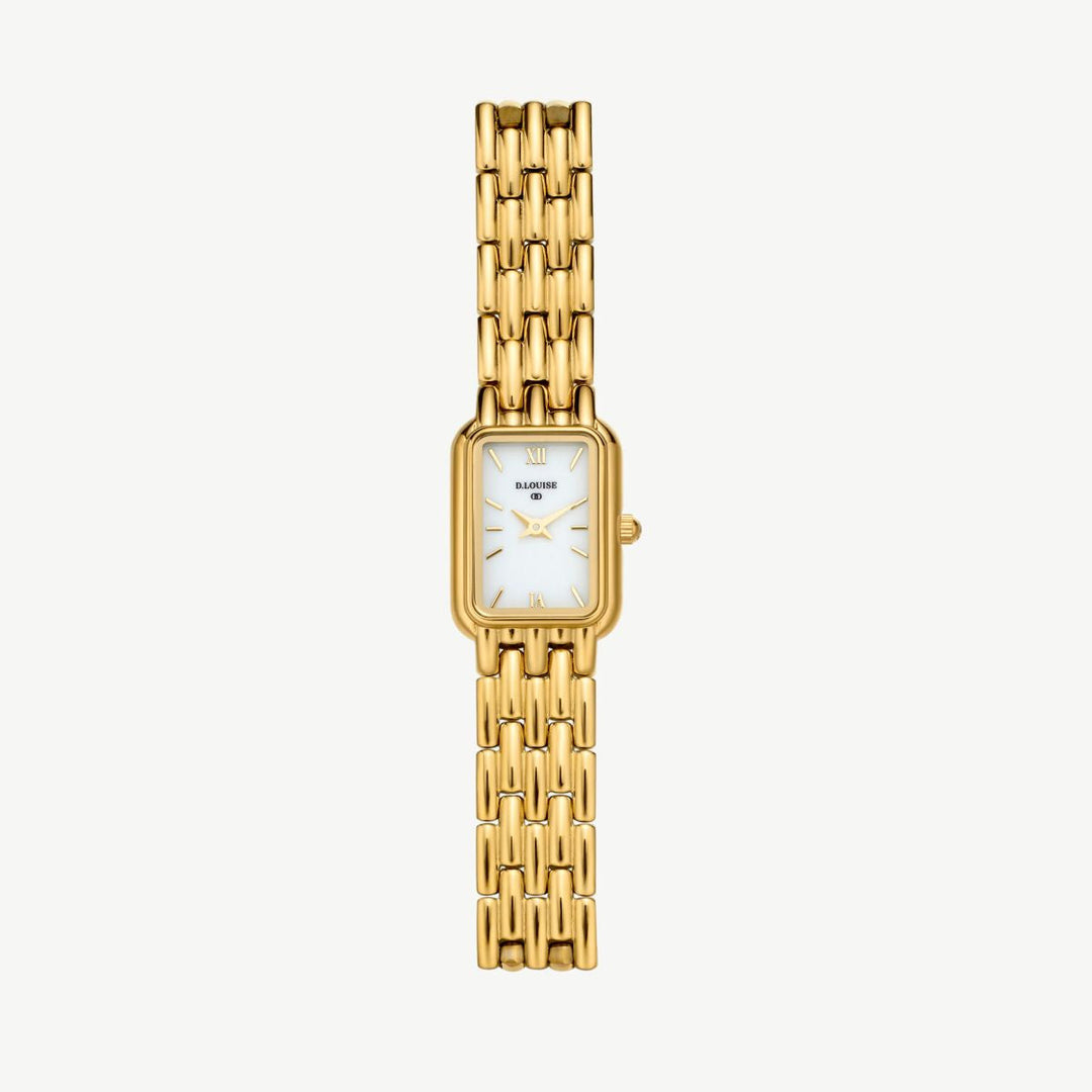 Niche Jewellery D.Louise Classic gold watch with a rectangular face and elegant polished link bracelet strap