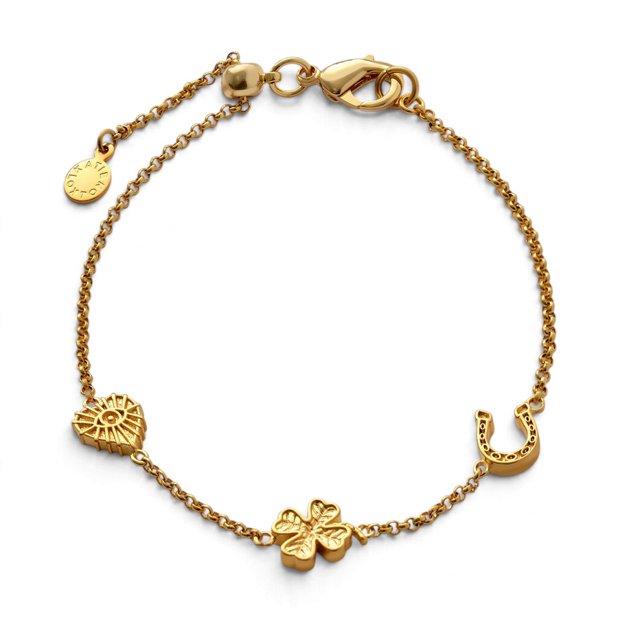 Niche Jewellery Katie Loxton gold-tone waterproof chain bracelet featuring lucky charms including a clover and horseshoe
