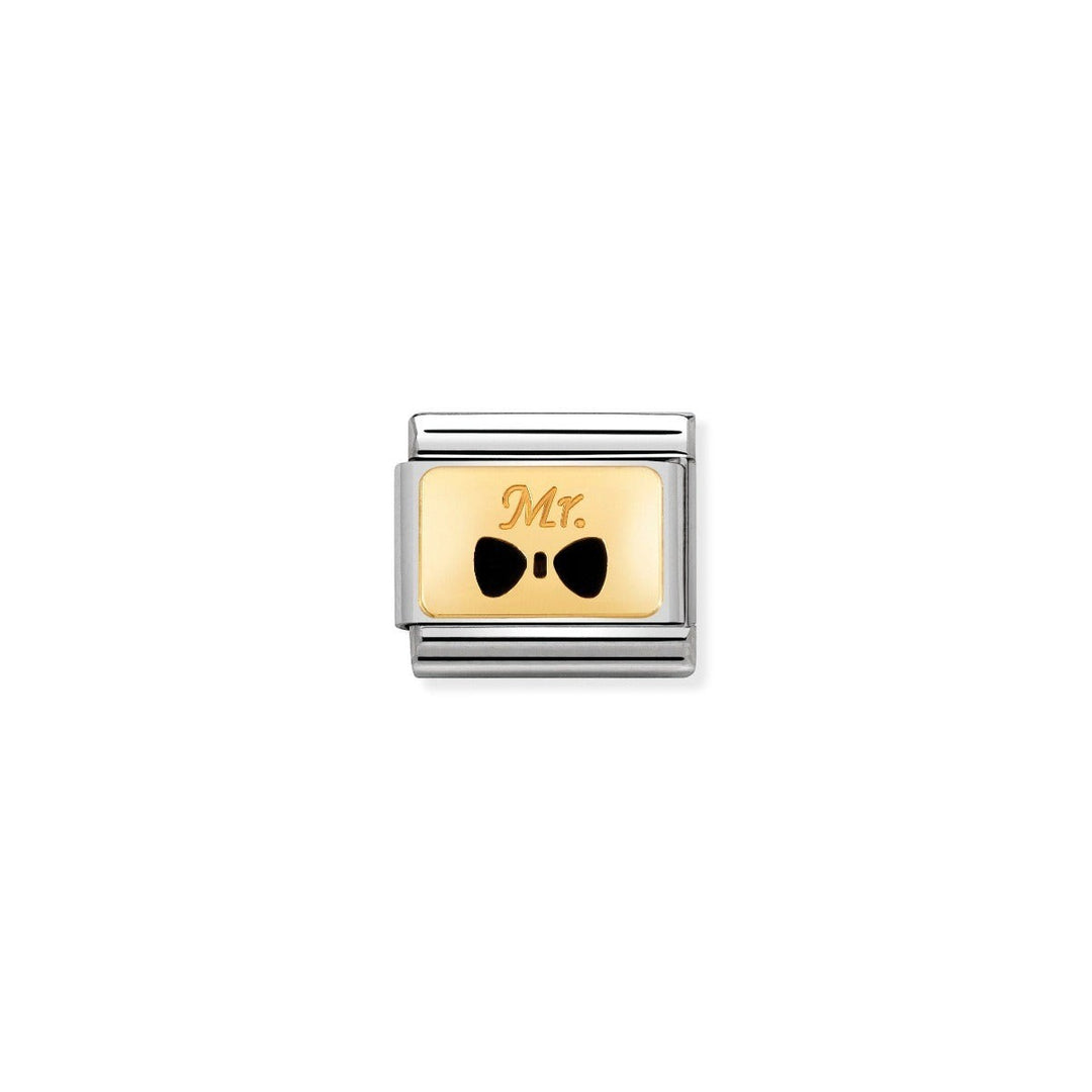 Niche Jewellery stainless steel charm with 18k gold plating, featuring a black enamel bow tie and 'Mr.' engraving. Ideal for Nomination bracelets.