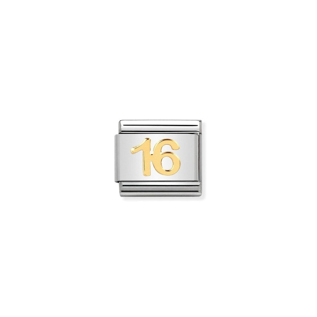 Niche Jewellery stainless steel charm with '16' in 18k gold, perfect for a sweet sixteen gift.