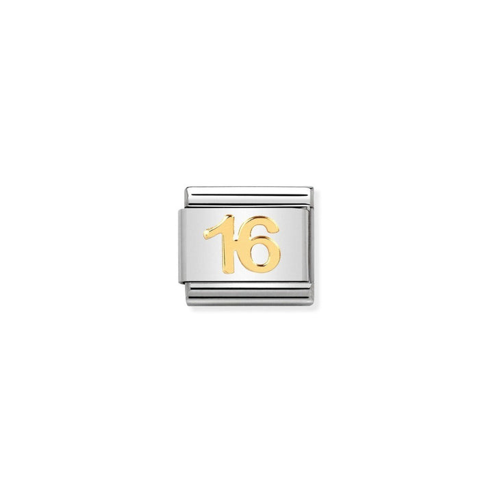 Niche Jewellery stainless steel charm with '16' in 18k gold, perfect for a sweet sixteen gift.