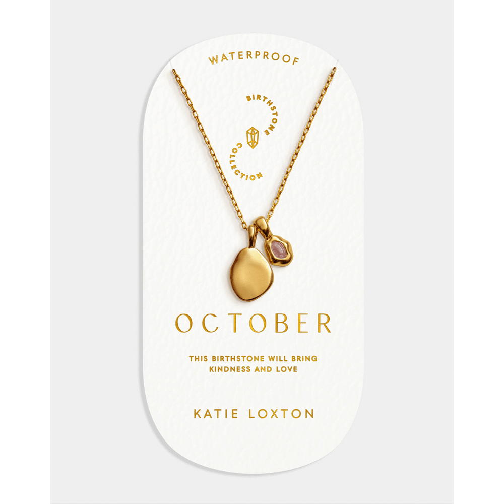 Niche Jewellery Katie Loxton waterproof gold October birthstone necklace with a soft pink stone on a delicate chain.