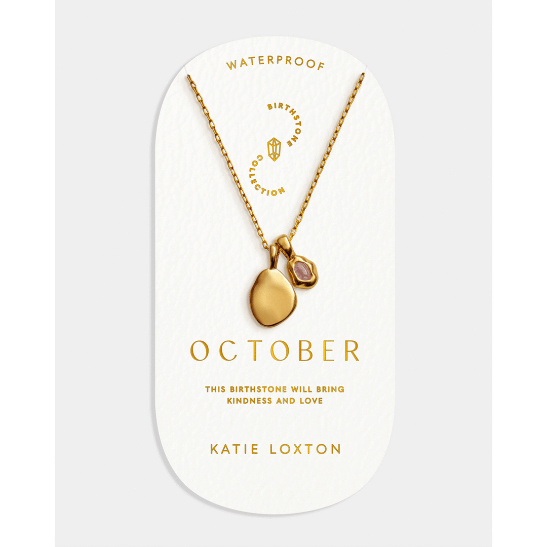 Niche Jewellery Katie Loxton waterproof gold October birthstone necklace with a soft pink stone on a delicate chain.