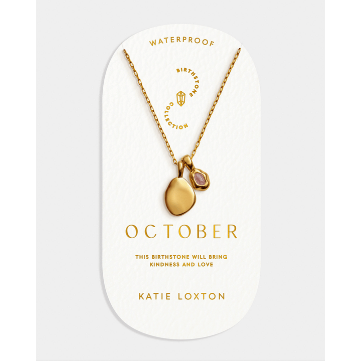 Niche Jewellery Katie Loxton waterproof gold October birthstone necklace with a soft pink stone on a delicate chain.