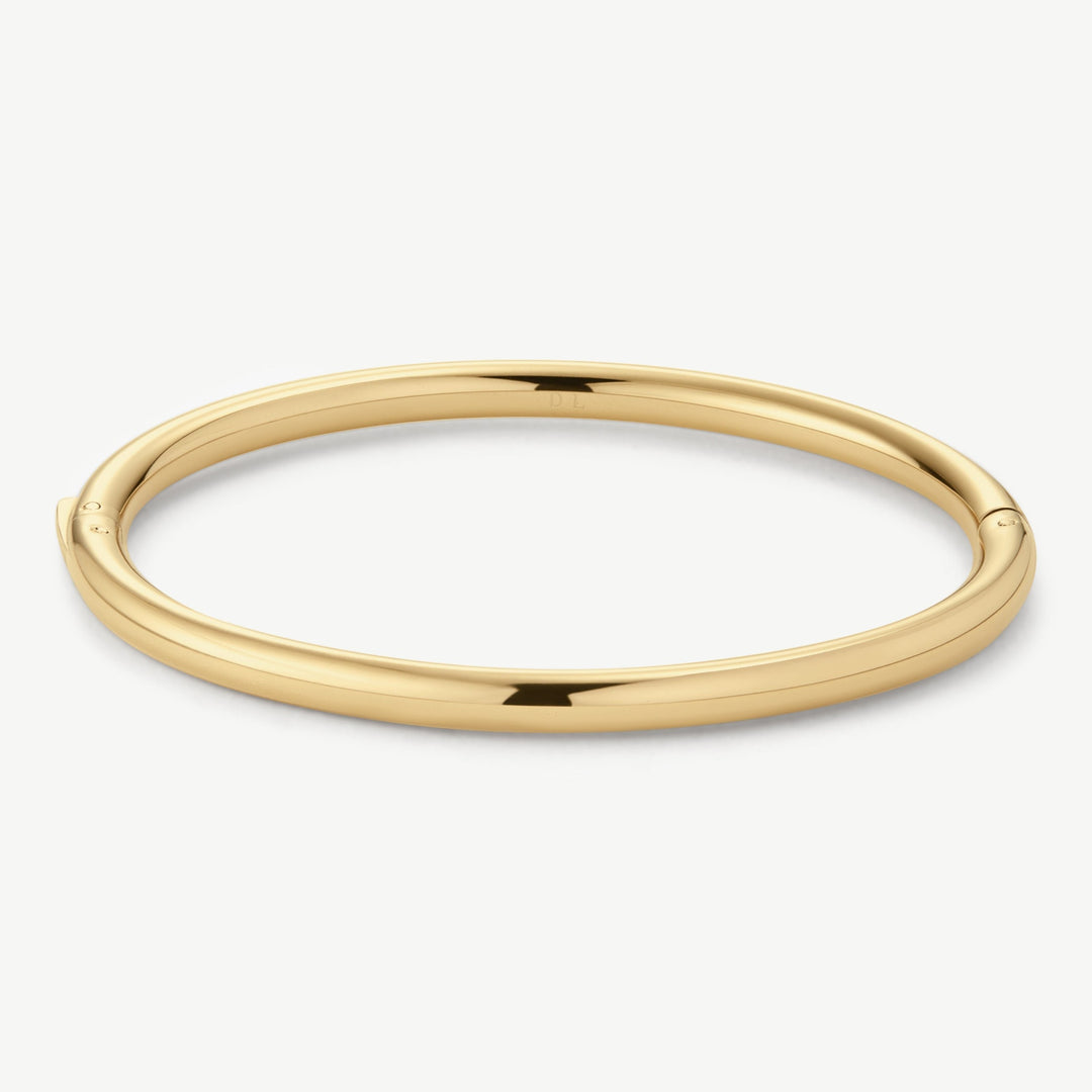 Niche Jewellery Classic Oval Gold Bangle, a sleek and streamlined gold-plated brass bangle with a secure clasp, perfect for everyday wear.