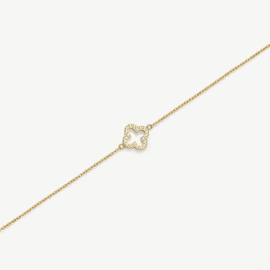 Niche Jewellery D.Louise gold pavé clover charm bracelet on a delicate chain, crafted from tarnish-free stainless steel.