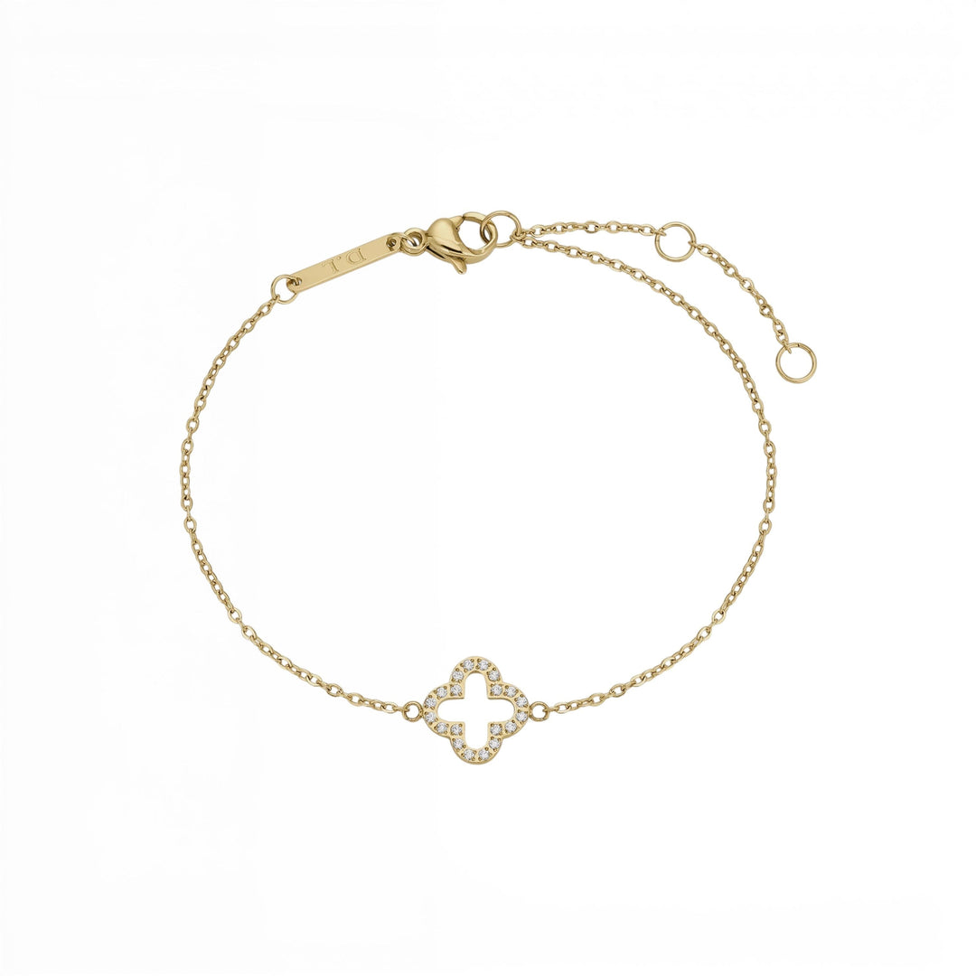 Niche Jewellery D.Louise gold pavé clover bracelet with delicate chain and sparkling charm in waterproof stainless steel