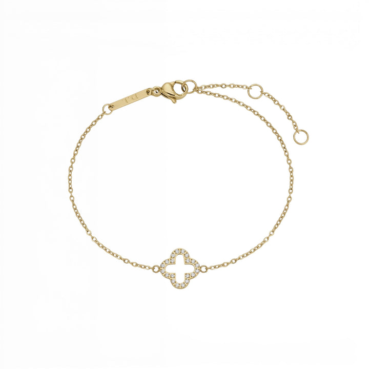 Niche Jewellery D.Louise gold pavé clover bracelet with delicate chain and sparkling charm in waterproof stainless steel