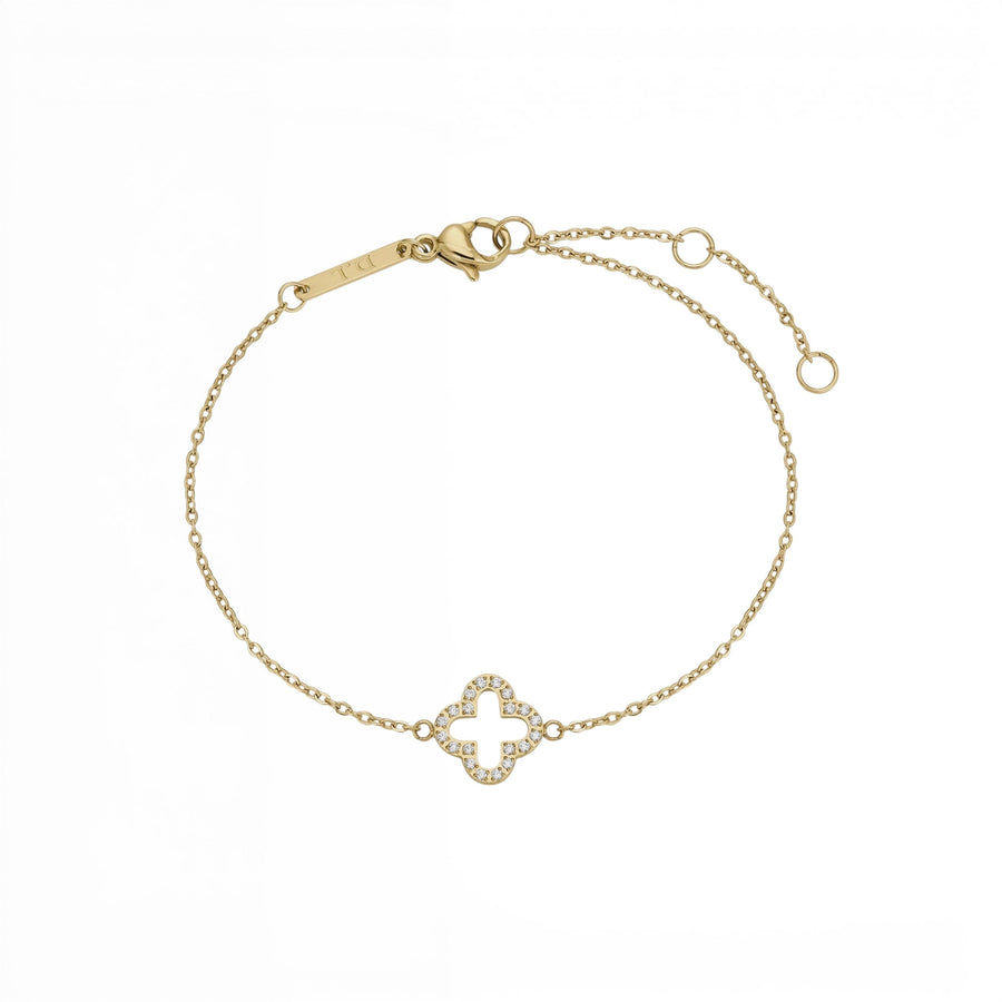 Niche Jewellery D.Louise gold pavé clover bracelet with delicate chain and sparkling charm in waterproof stainless steel