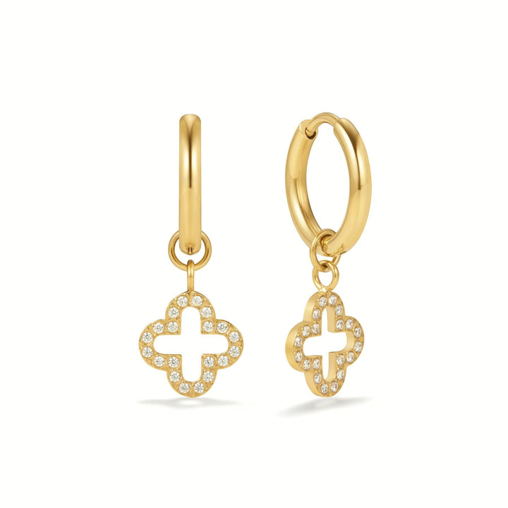 Niche Jewellery gold pave clover huggie hoop earrings with sparkling crystal accents on stainless steel