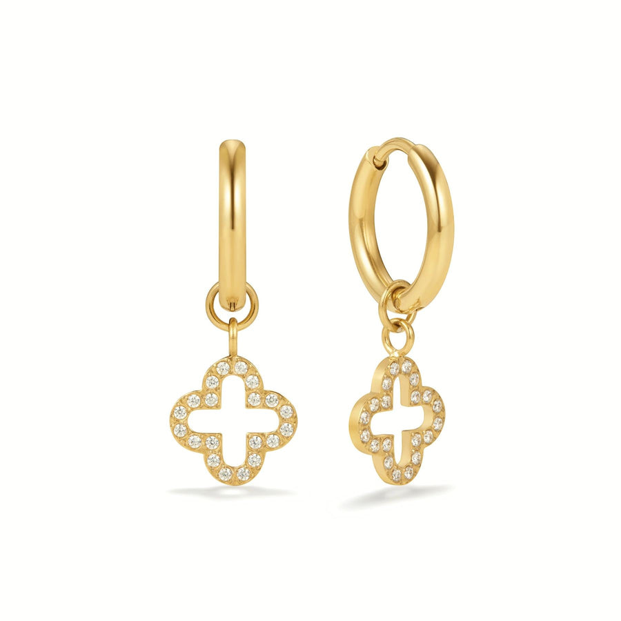 Niche Jewellery gold pave clover huggie hoop earrings with sparkling crystal accents on stainless steel