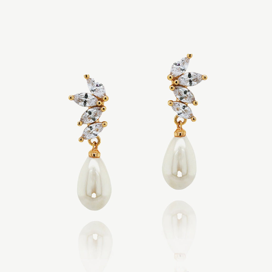 Niche Jewellery Ivory & Co Ashbourne gold drop earrings with zirconia crystals and ivory man-made pearl clusters