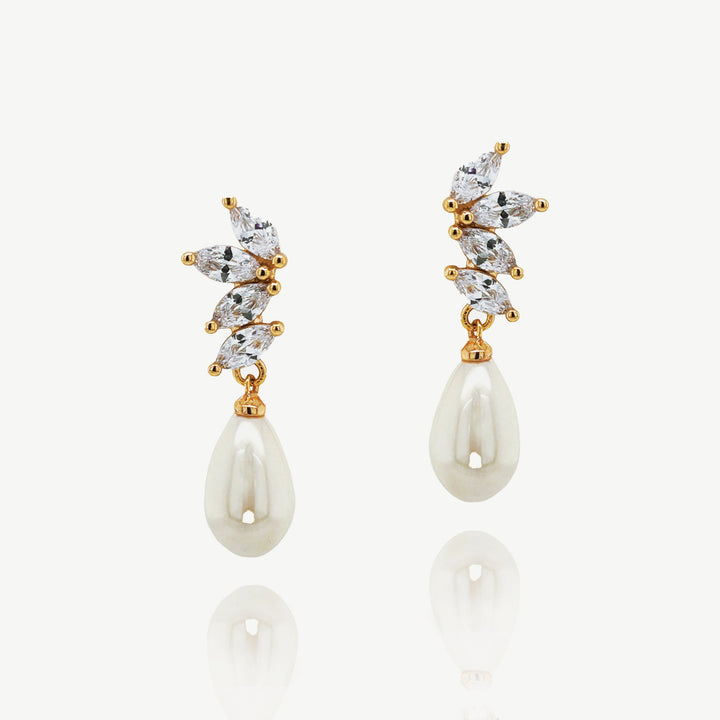 Niche Jewellery Ivory & Co Ashbourne gold drop earrings with zirconia crystals and ivory man-made pearl clusters