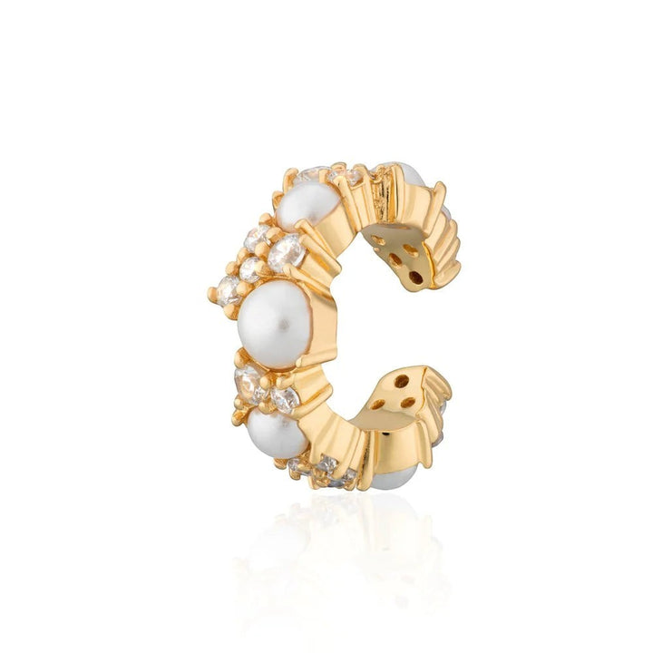 Niche Jewellery Scream Pretty Hannah Martin gold ear cuff featuring lustrous white pearls and sparkling crystal accents.