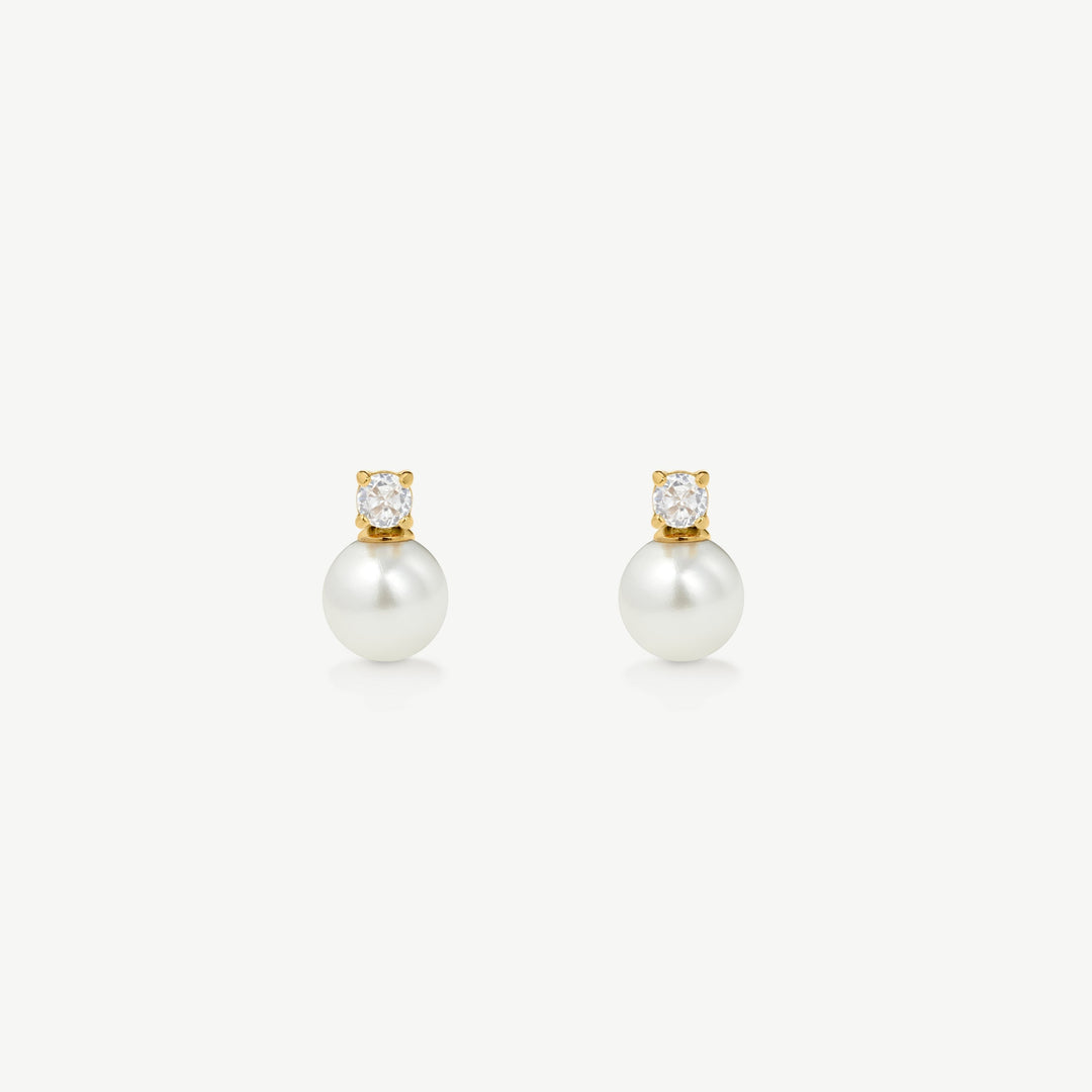 Niche Jewellery gold pearl stud earrings with cubic zirconia drop, perfect for bridal wear.