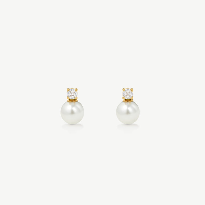 Niche Jewellery gold pearl stud earrings with cubic zirconia drop, perfect for bridal wear.