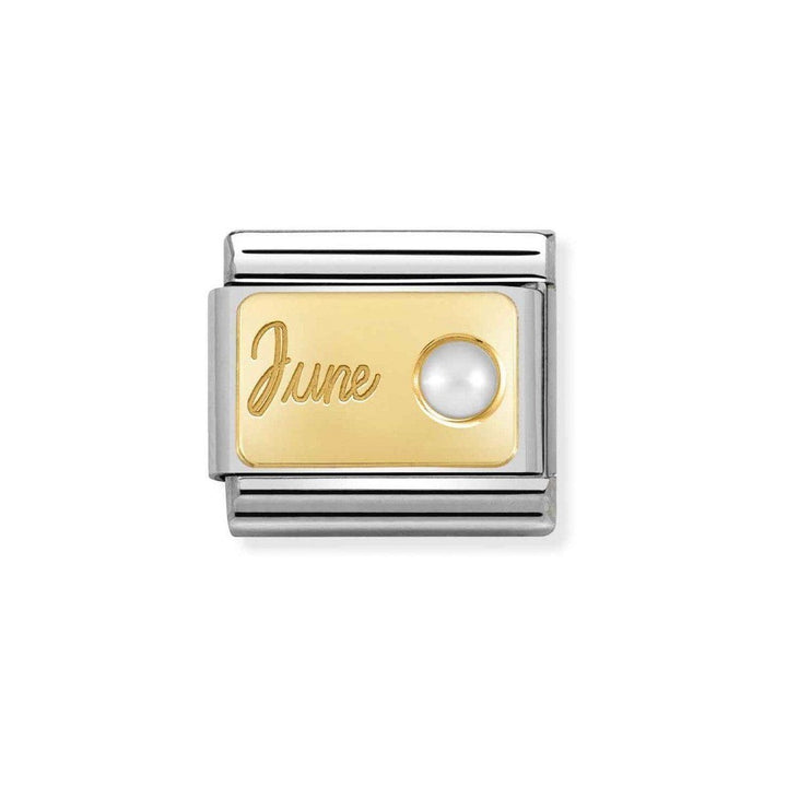 Niche Jewellery gold plated charm with 'June' engraved and a pearl detail, perfect for birthstone jewellery.