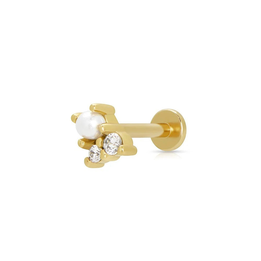 Niche Jewellery Scream Pretty gold-plated flat back stud earring with a white pearl and two sparkling stones.