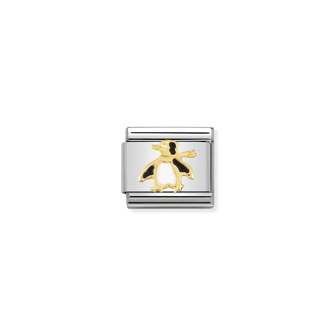 Niche Jewellery stainless steel charm with 18k gold penguin design, featuring black enamel accents.