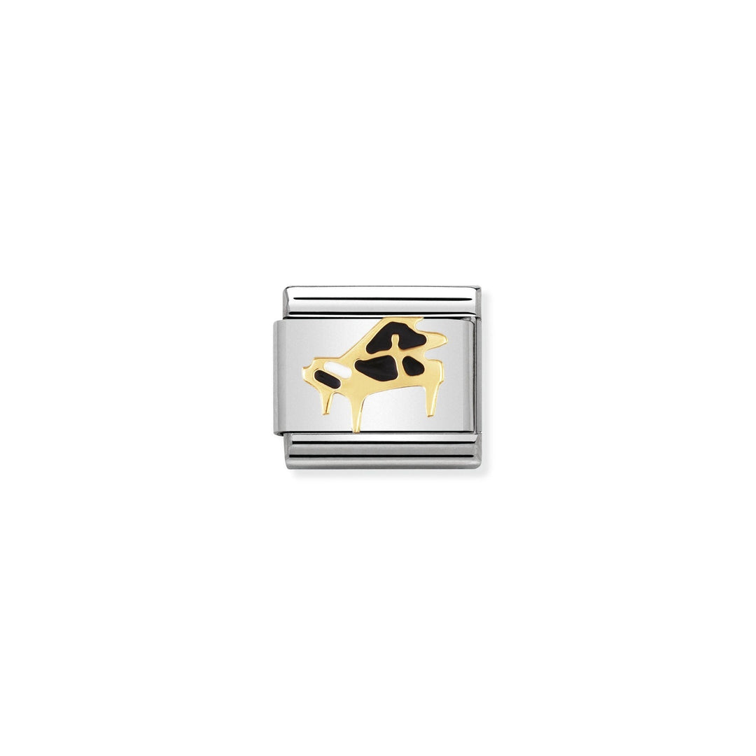 Niche Jewellery gold and enamel piano charm for Nomination bracelets. Features a grand piano design with black and white enamel.