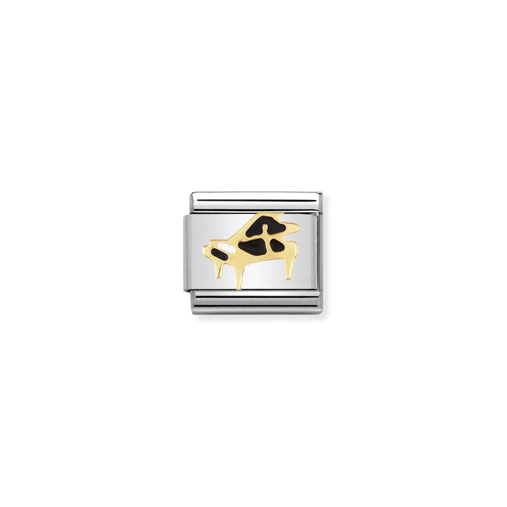 Niche Jewellery gold and enamel piano charm for Nomination bracelets. Features a grand piano design with black and white enamel.