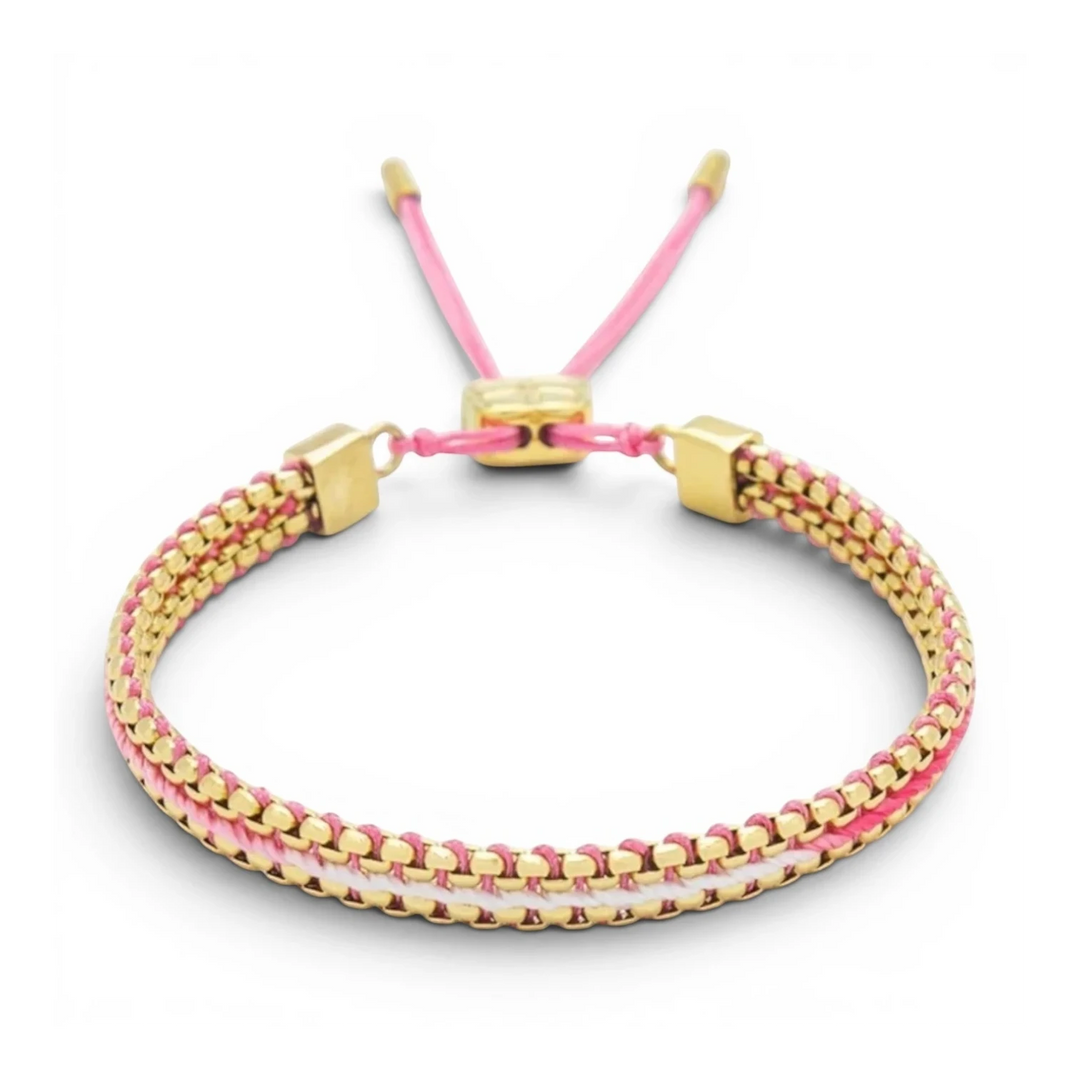 Niche Jewellery Boho Betty Bloom adjustable slider bracelet with gold-plated snake chain and pink ombre braided thread.