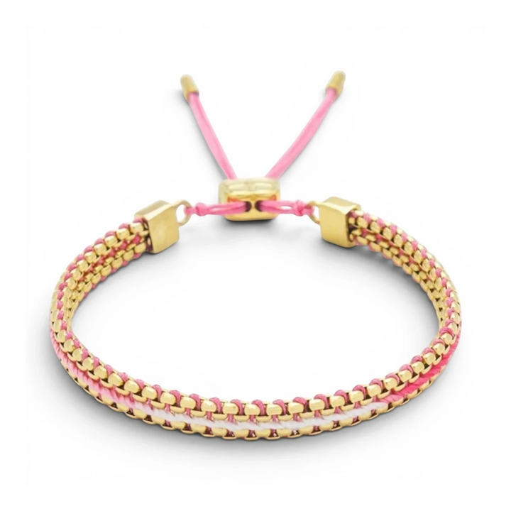 Niche Jewellery Boho Betty Bloom adjustable slider bracelet with gold-plated snake chain and pink ombre braided thread.