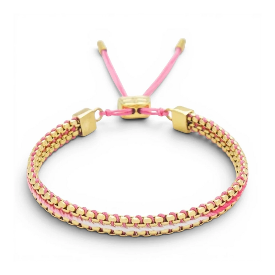Niche Jewellery Boho Betty Bloom adjustable slider bracelet with gold-plated snake chain and pink ombre braided thread.