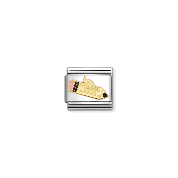 Niche Jewellery Nomination charm featuring a gold pencil with pink enamel detail on a stainless steel link.