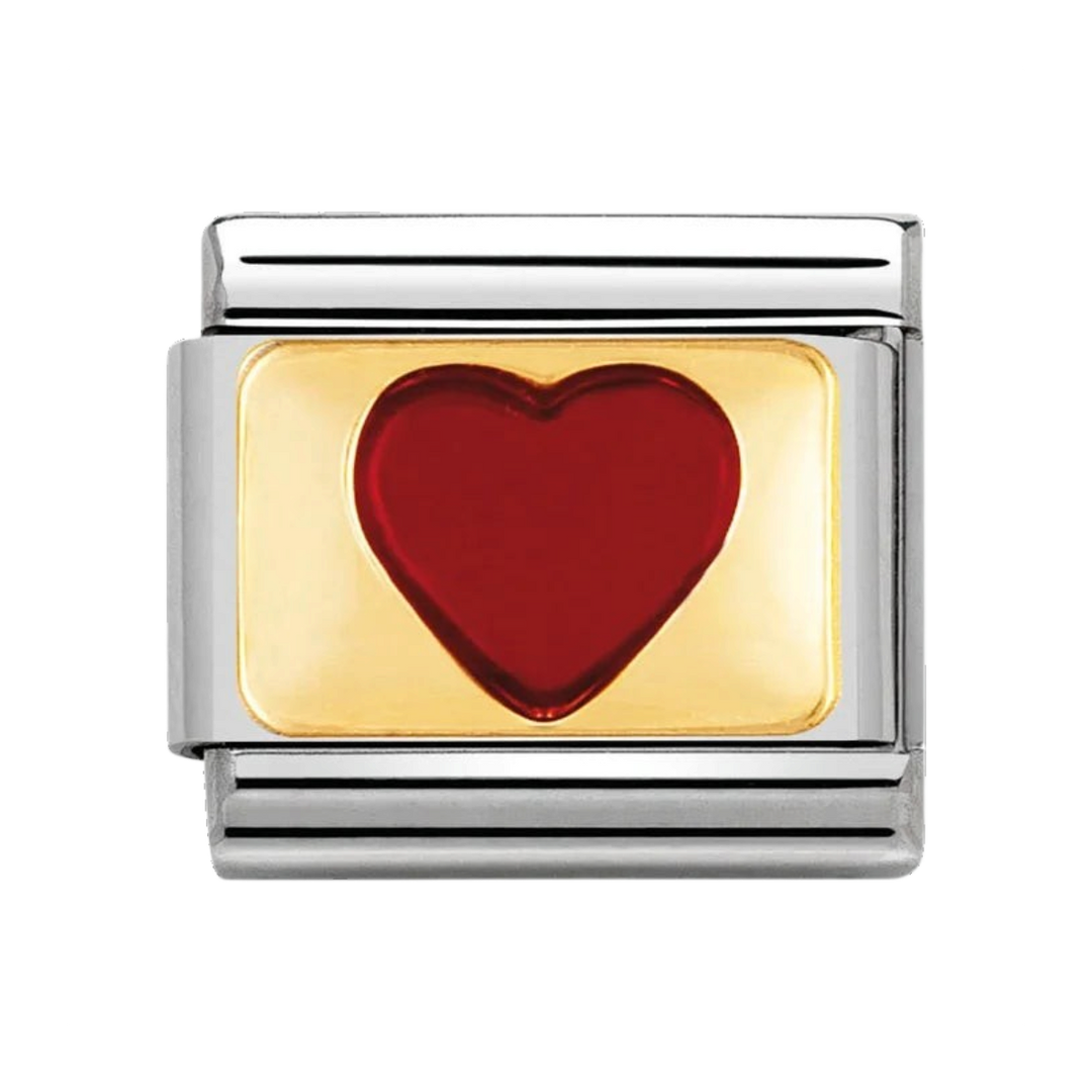 Niche Jewellery Nomination charm featuring a glossy red enamel heart set in 18k gold and stainless steel