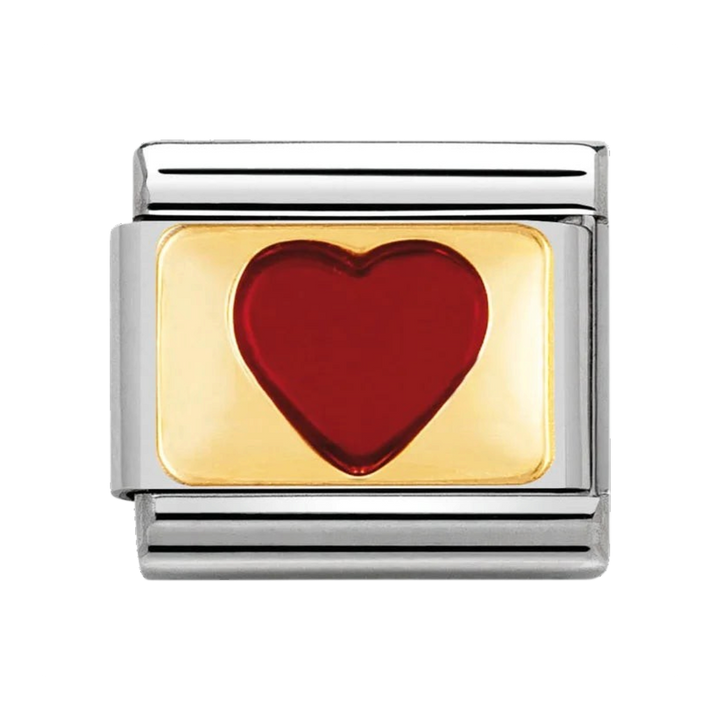 Niche Jewellery Nomination charm featuring a glossy red enamel heart set in 18k gold and stainless steel